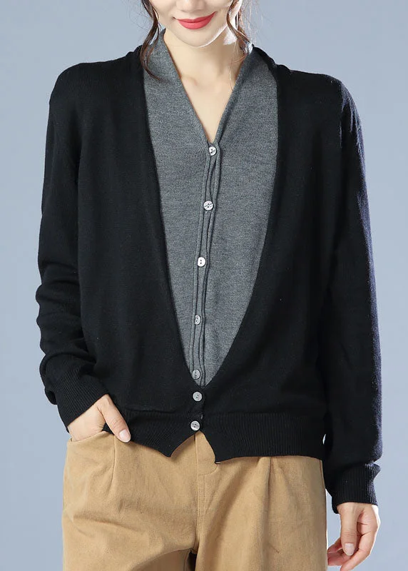 Relaxed Looks Fitted Black V Neck Solid Knit Cardigan Winter