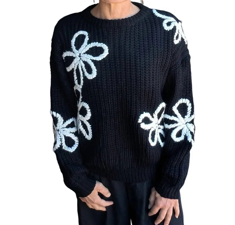 Cozy Chic Trends Floral Contrast Stitch Sweater In Black & Ivory