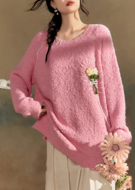 Daily Comfort Cute Pink O-Neck Floral Cotton Knit Sweaters Winter