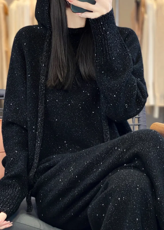 French Style Organic Black Hooded Sweaters And Pants Woolen Two Pieces Set Fall