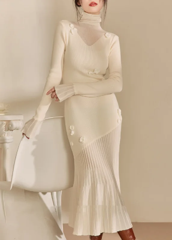 Urban Style Women White Hign Neck Patchwork Slim Fit Knit Sweater Dress Fall