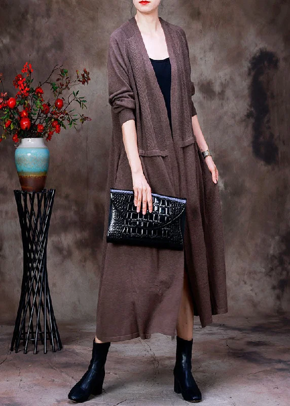 Cozy Street Style Boutique Coffee Solid Patchwork Wool Knit Cardigans Long Sleeve