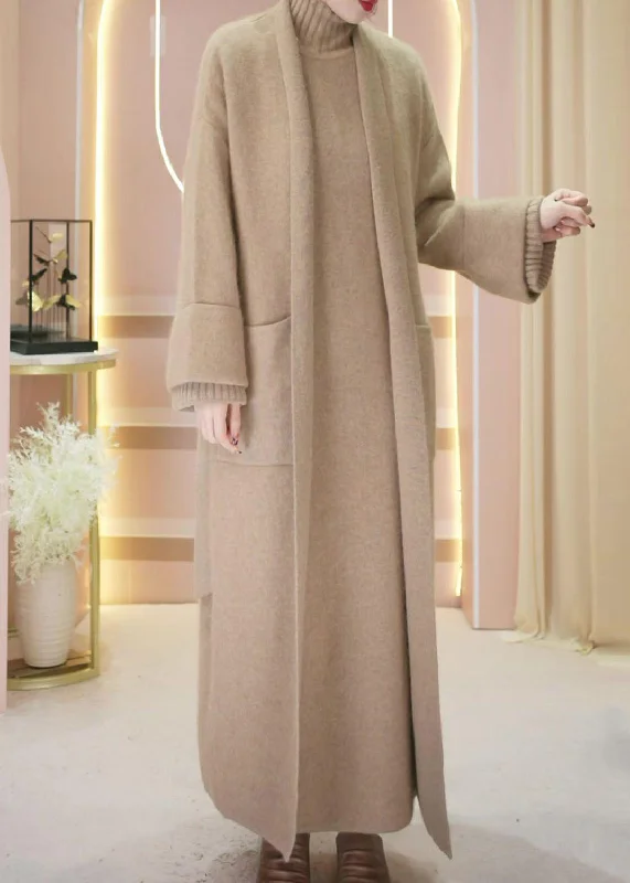 Versatile Items Loose Camel Pockets Woolen Cardigan And Turtleneck Knit Dress Two Piece Set Winter