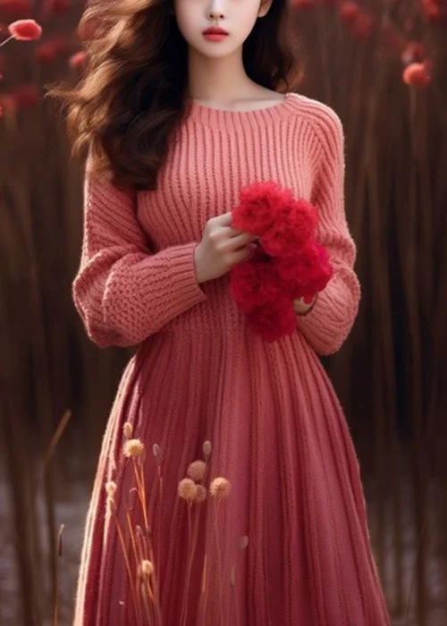 Fashion Must-have Elegant Pink O Neck High Waist Solid Knit Sweater Dress Winter