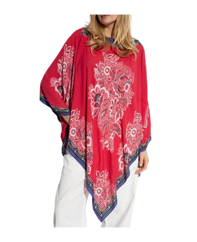 Playful Style Floral Printed Asymmetric Poncho In Red Multi