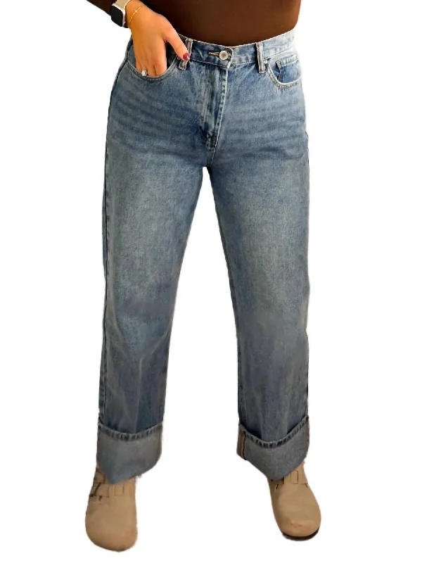 Sports Trend Cuffed Boyfriend Denim Jeans In Blue