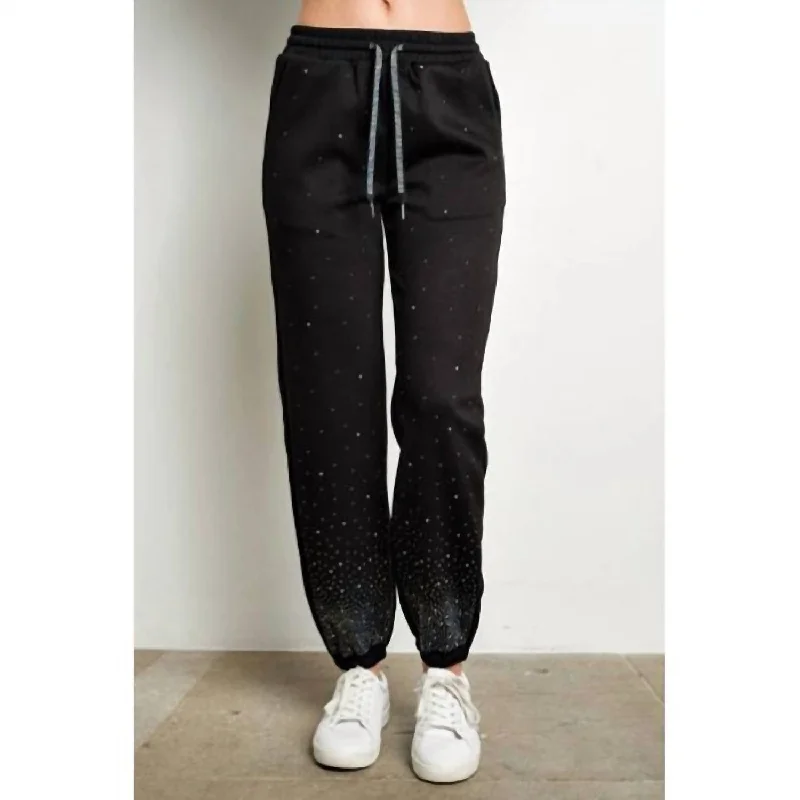 Noble And Elegant Rhinestone Embellished Jogging Sweatpants In Black