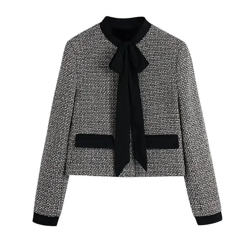 Cozy Outfit Elegant Bow Tied Women Tweed Jacket