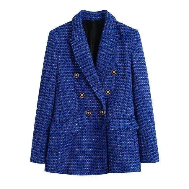 Layered Comfort Dark Blue Tweed Blazer Women - Casual - Plaid