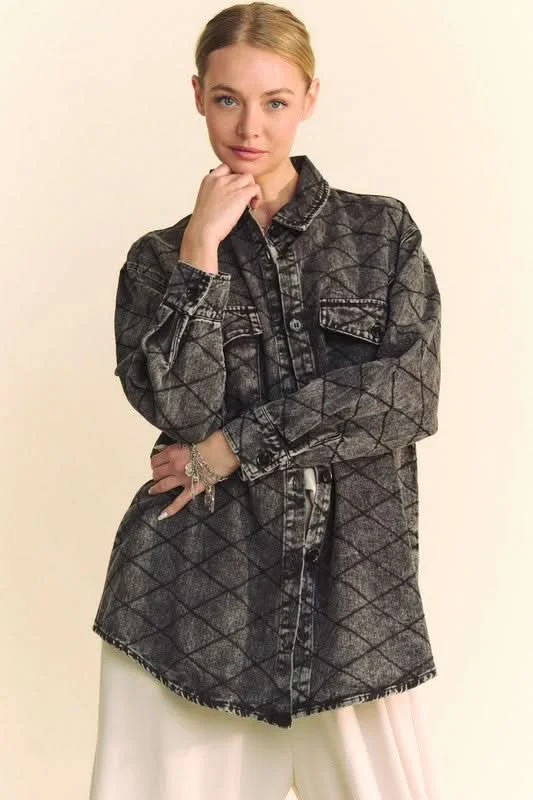 Soft Touch Davi & Dani Curved Hem Diamond Quilted Button Up Denim Shacket