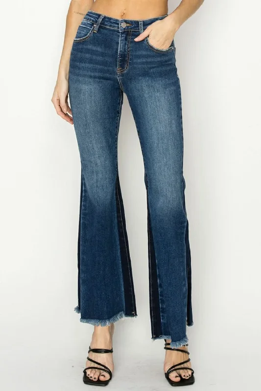 Breezy Comfort RISEN Full Size High Rise Side Shadow Seam Detail Slit Flare Jeans