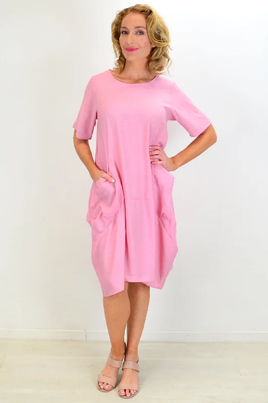 Street Fashion Pink Big Pocket Shift Tunic Dress