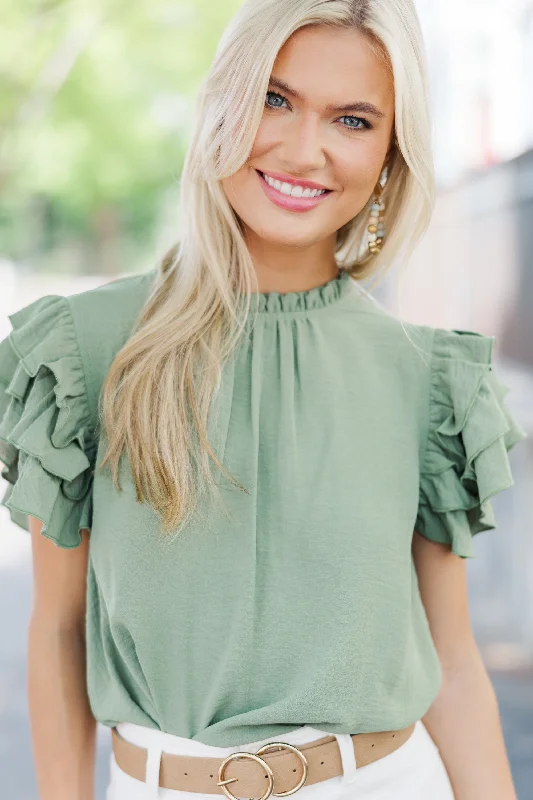 Slim Fit See You Out Light Olive Green Ruffled Blouse