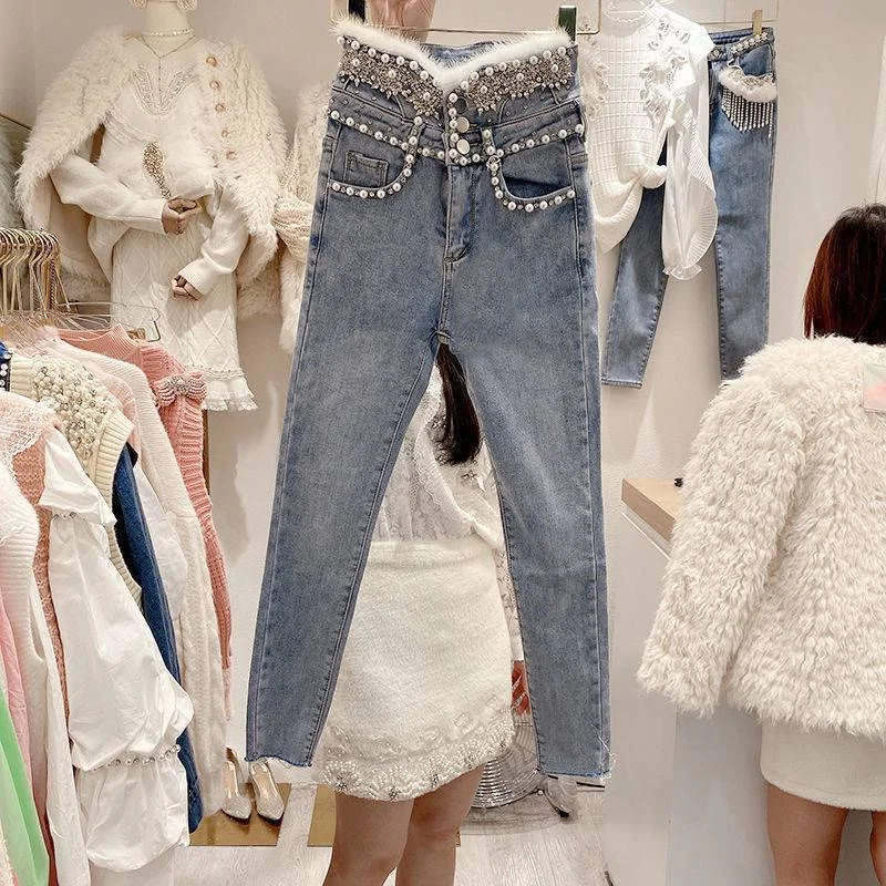 Breathable Style High Rise Single Breasted Jeans With Beads And Wool Stitching