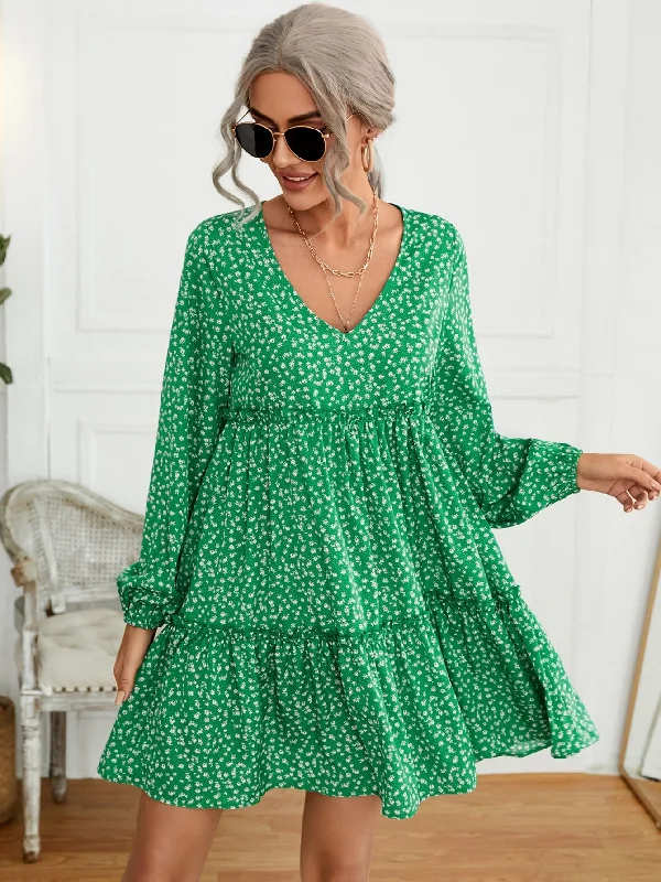 Celebrity Must-have Ditsy Floral Ruffle Hem Long Sleeve V Neck Flounce High Waist Short Dress Celebrity Must-have Ditsy Floral Ruffle Hem Long Sleeve V Neck Flounce High Waist Short Dress