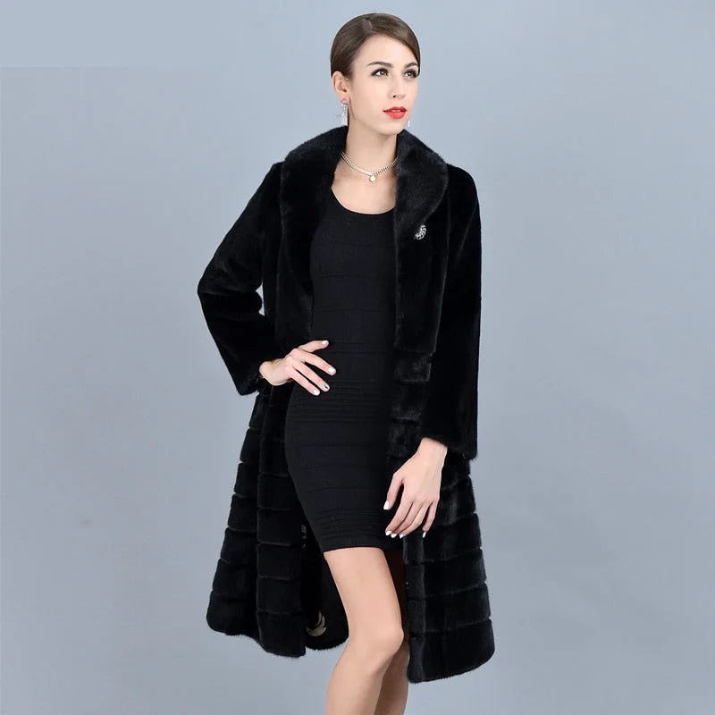 Comfy Pants Women's Casual Fashion Black Warm Genuine Mink Fur Winter Long Jacket