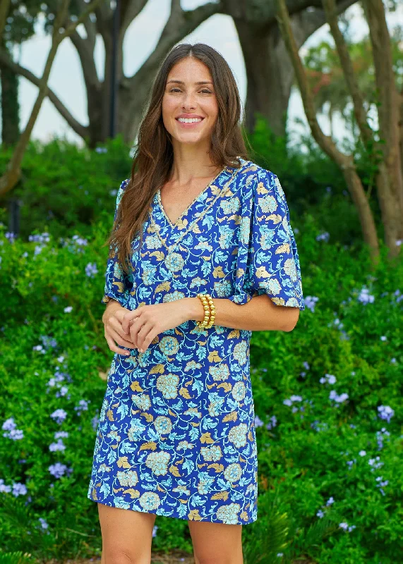 Elegant Dressing Navy Floral Metallic Embroidered Flutter Sleeve Shift Dress