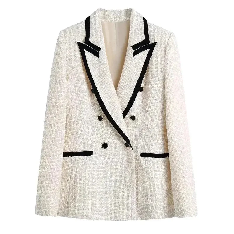 Elegant Wear Chic Off-White Tweed Blazer Women - Vintage - Patchwork
