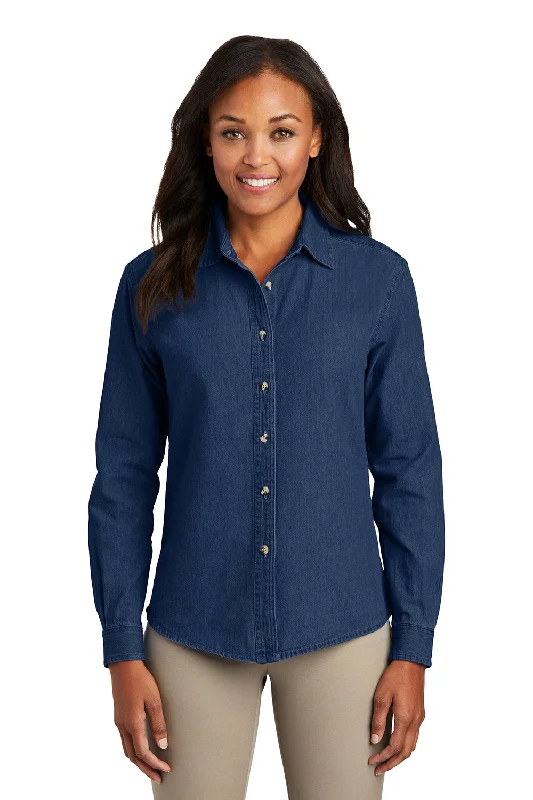 Romantic Data Port & Company Womens Denim Long Sleeve Button Down Shirt - Ink Blue
