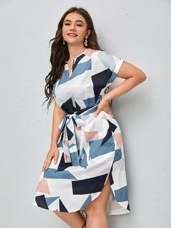 Warm Chic Outfits Casual Geometric Belted Short Sleeve Notched Straight Natural Midi Plus Size Dress Warm Chic Outfits Casual Geometric Belted Short Sleeve Notched Straight Natural Midi Plus Size Dress