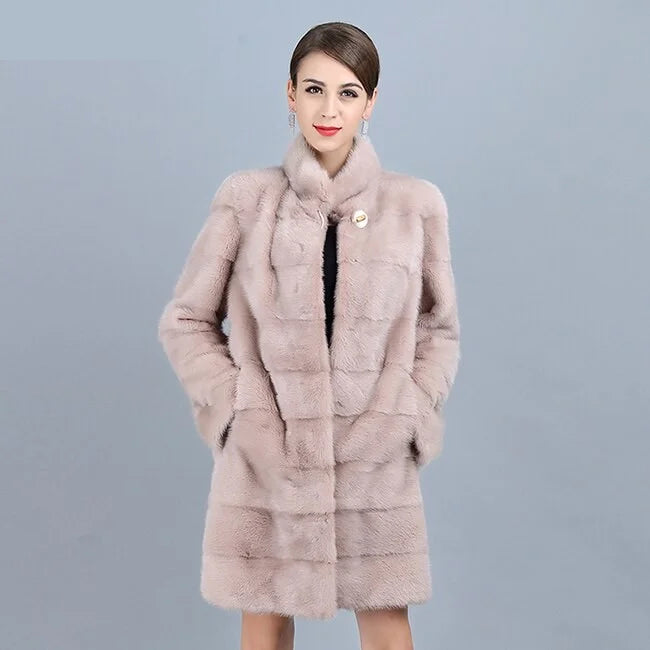 Cozy Sweaters Women's Winter Warm Natural Mink Fur Striped Pattern Long Thick Jacket