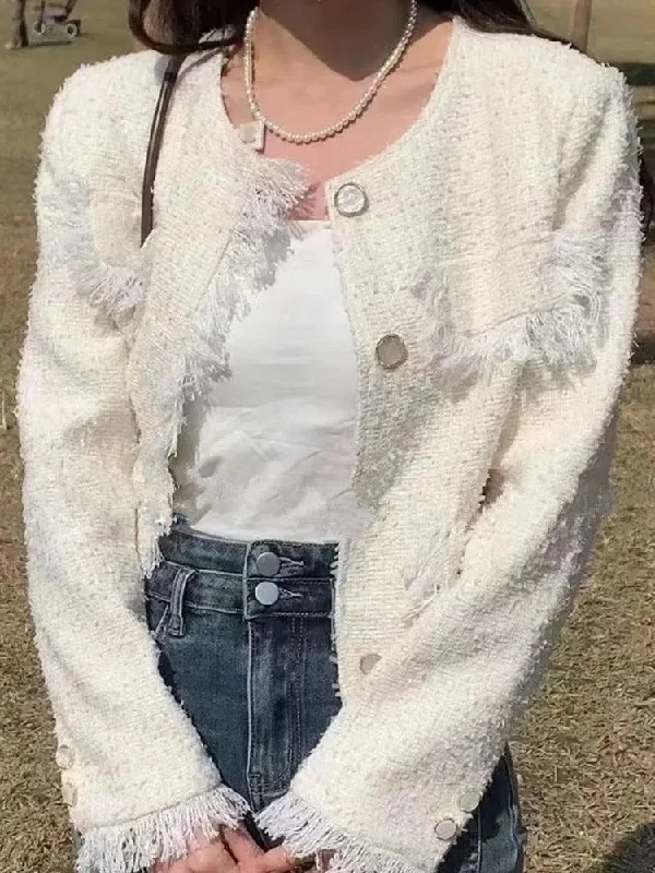 Simple Style Chic Tassel Tweed Jacket Women