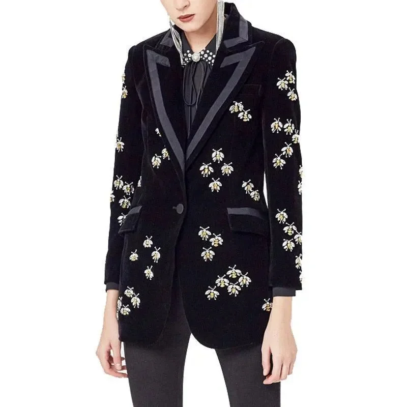 Breezy Style Bees Beaded Velvet Blazer Women - Casual - Printed