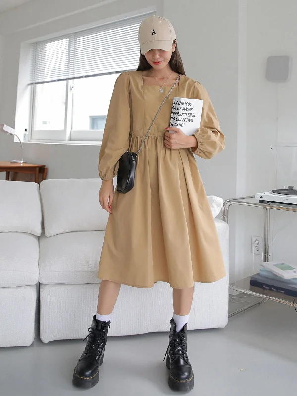 Sexy Fun Plain Tie Back Long Sleeve Square Neck Flared High Waist Midi Dress