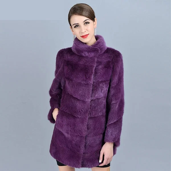 Chic Comfort Women's Winter Purple Real Mink Fur Stand Collar Leisure Fashion Jackets