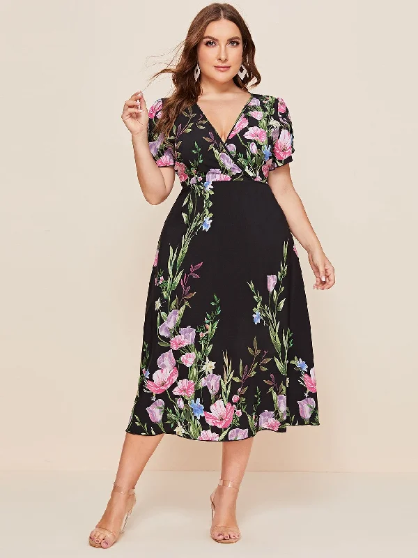 Comfortable Sweaters Elegant Floral Zipper Short Sleeve Deep V Neck Flared High Waist Long Plus Size Dress