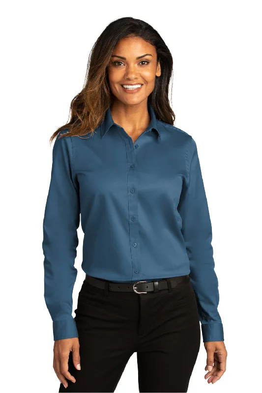 Embroidered Letters Port Authority Womens SuperPro Wrinkle Resistant React Long Sleeve Button Down Shirt - Regatta Blue Embroidered Letters Port Authority Womens SuperPro Wrinkle Resistant React Long Sleeve Button Down Shirt - Regatta Blue