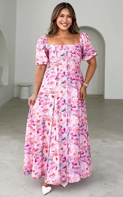 Cozy Shirts Claudelle Maxi Dress - Pink Blue Floral