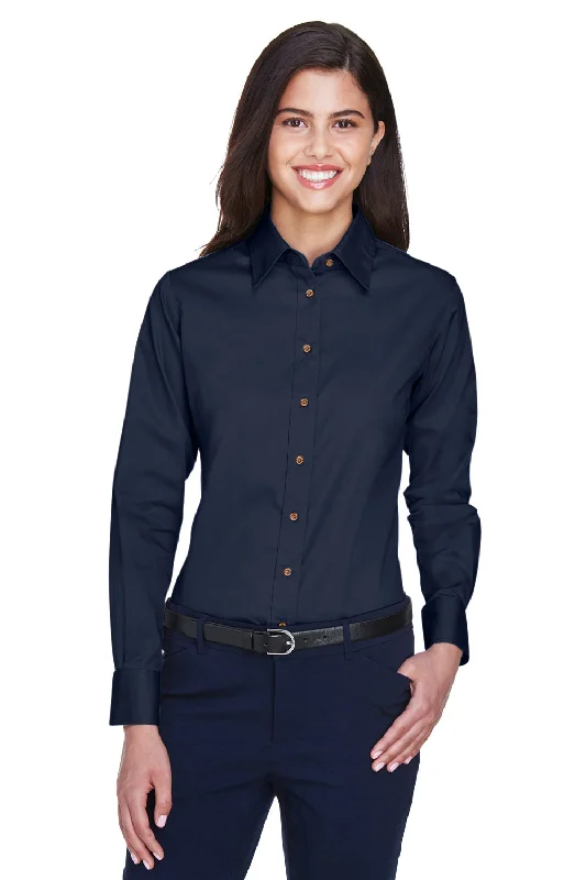 Fashion Elements Harriton Womens Wrinkle Resistant Long Sleeve Button Down Shirt - Navy Blue