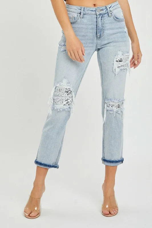Relaxed Dresses RISEN Mid-Rise Sequin Patched Jeans