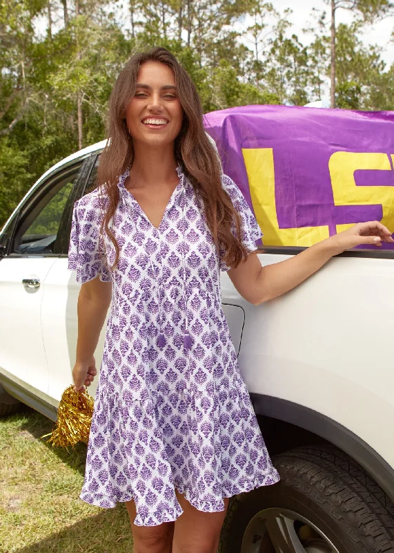 Cool Summer Purple Game Day Short Sleeve Tiered Dress