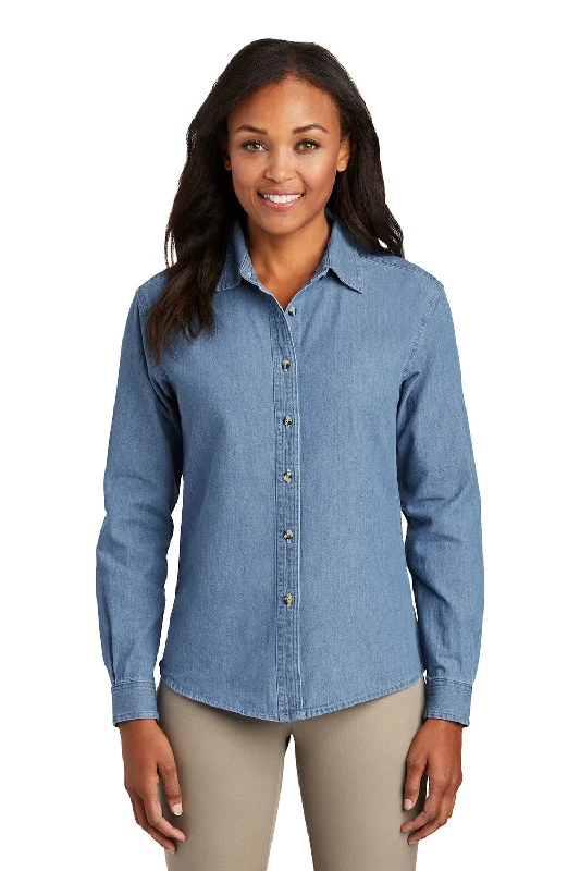 Exclusive Customization Port & Company Womens Denim Long Sleeve Button Down Shirt - Faded Blue Exclusive Customization Port & Company Womens Denim Long Sleeve Button Down Shirt - Faded Blue