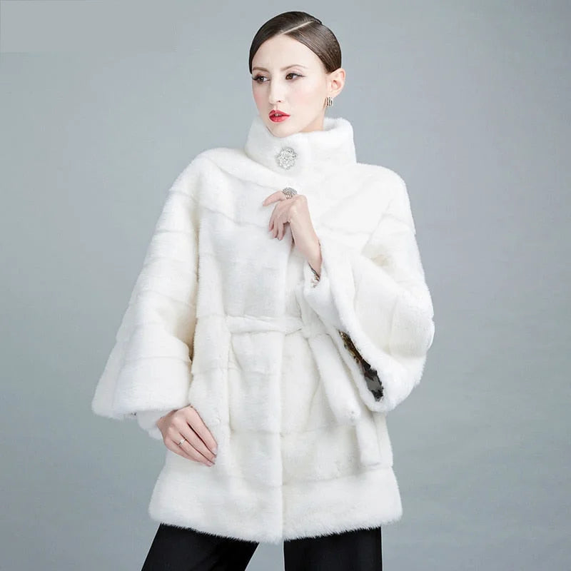Weekend Style Women's White Natural Mink Fur Stripe Thick Winter Jackets with Belt