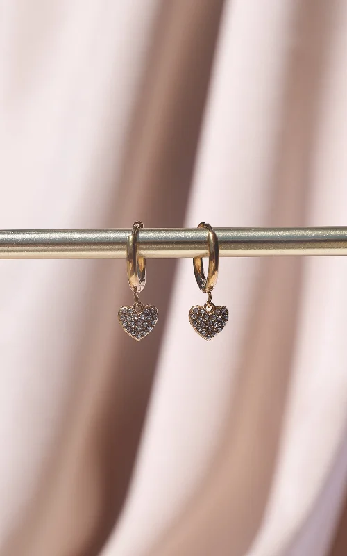 Soft Wear Olette Dainty Hoop Charm Earrings - Gold Heart Diamante