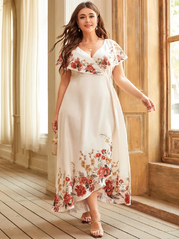 Chic Comfort Wear Elegant Floral Wrap Short Sleeve V Neck Wrap High Waist Maxi Plus Size Dress Chic Comfort Wear Elegant Floral Wrap Short Sleeve V Neck Wrap High Waist Maxi Plus Size Dress