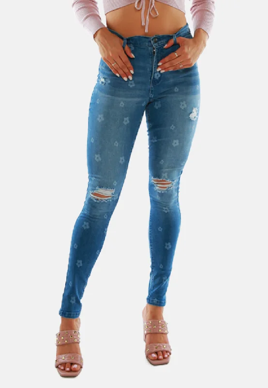 Effortless Elegance Printed Ripped Slim Fit Blue Denim Pants