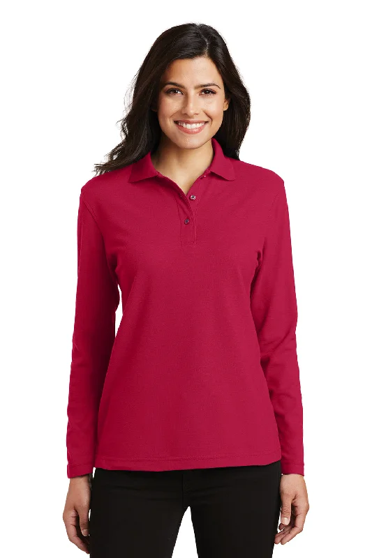 Free And Casual Port Authority Womens Silk Touch Wrinkle Resistant Long Sleeve Polo Shirt - Red Free And Casual Port Authority Womens Silk Touch Wrinkle Resistant Long Sleeve Polo Shirt - Red