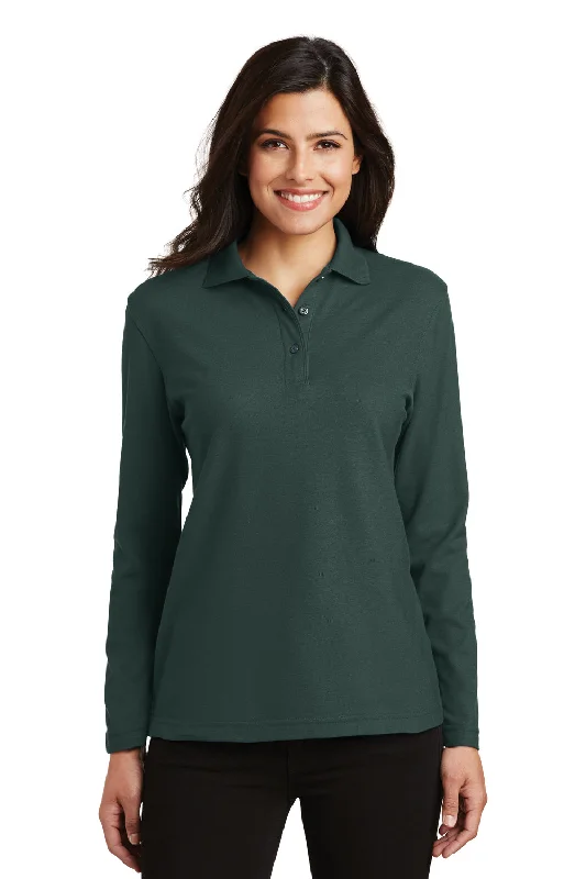 French Retro Port Authority Womens Silk Touch Wrinkle Resistant Long Sleeve Polo Shirt - Dark Green