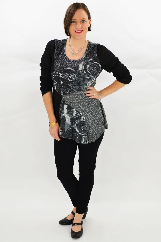 Classic Retro Black Grey Rose Tunic Top