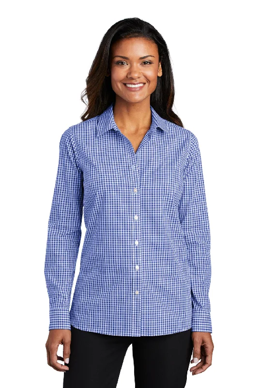 Elegant Design Port Authority Womens Broadcloth Gingham Wrinkle Resistant Long Sleeve Button Down Shirt - True Royal Blue/White - Closeout Elegant Design Port Authority Womens Broadcloth Gingham Wrinkle Resistant Long Sleeve Button Down Shirt - True Royal Blue/White - Closeout