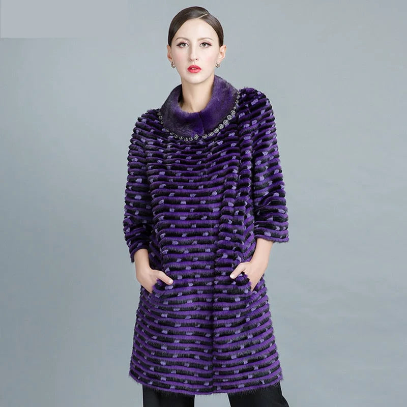 Everyday Comfort Women's Winter Warm Real Mink Fur Genuine Leather Long Jacket Outerwear