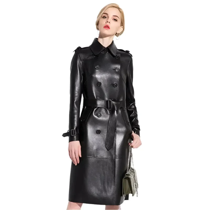 Layered Style NYC Leather Trench Coat For Women