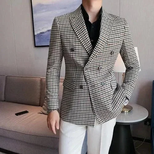 Easy Style Men Blazer - Double-Breasted Houndstooth Blazer