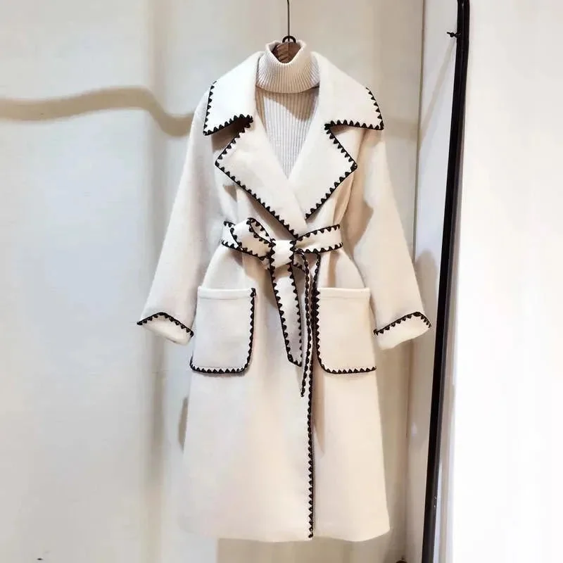 Relaxed Dresses Stitch Notched Woolen Coat For Women