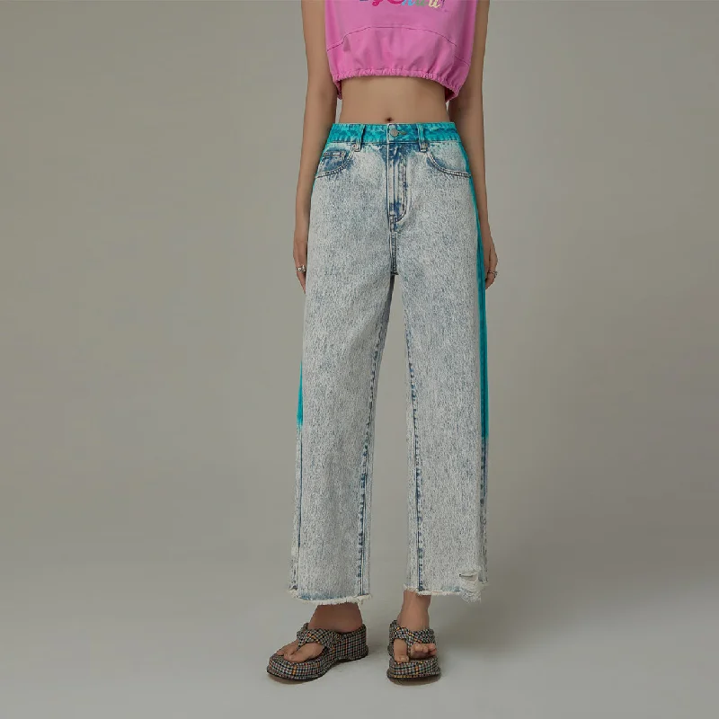 Relaxed Fashion Color Outline Light Acid Wash Distressed Hem Denim Jeans