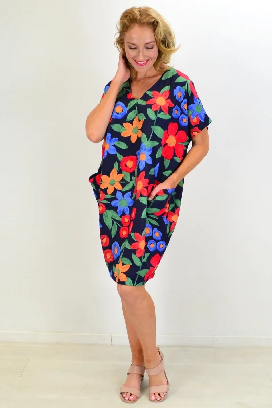 Comfortable down Navy Poppy Flower Relaxed Dress Tunic